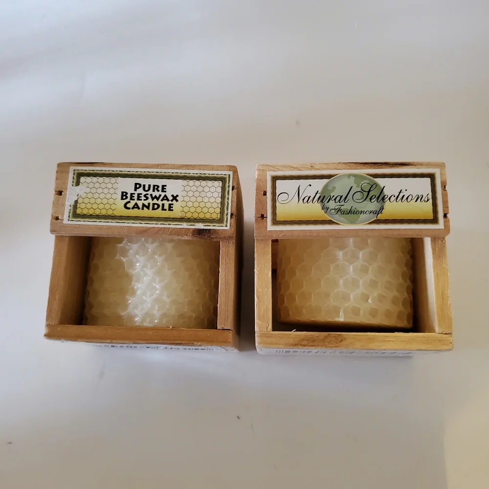 2‎ Natural Selections 100% Beeswax Candles in Mini Crates w Tiny Bee Cottagecore